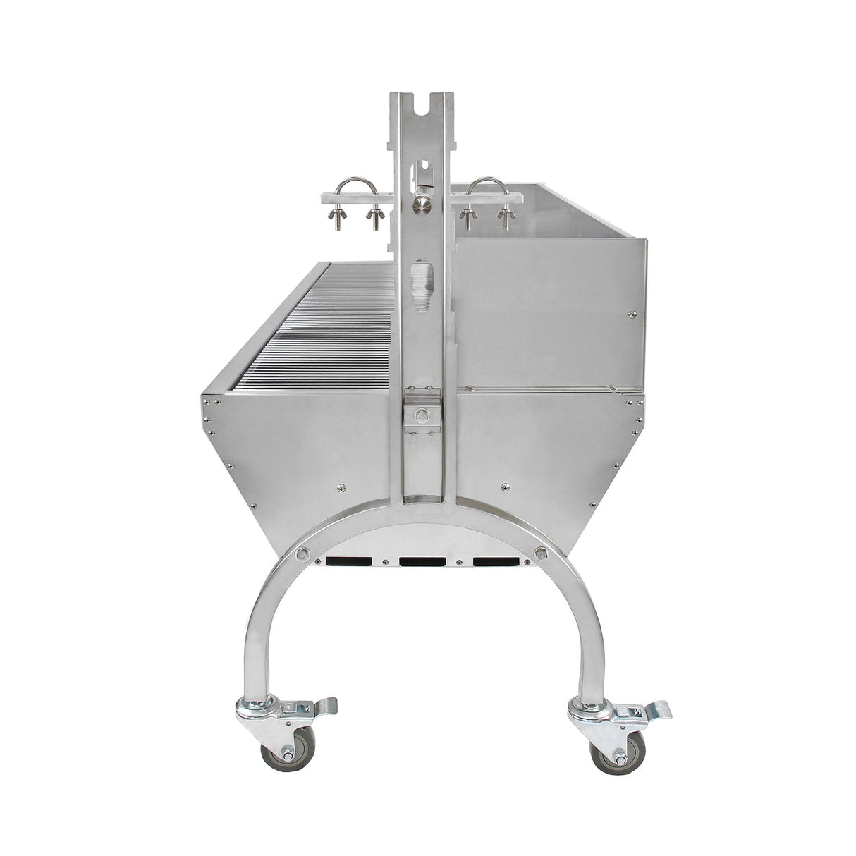 Stainless steel KuKoo 90kg hog roast machine with a sleek design, featuring a grilling rack and sturdy wheels for mobility