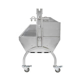 Stainless steel KuKoo 90kg hog roast machine with a sleek design, featuring a grilling rack and sturdy wheels for mobility