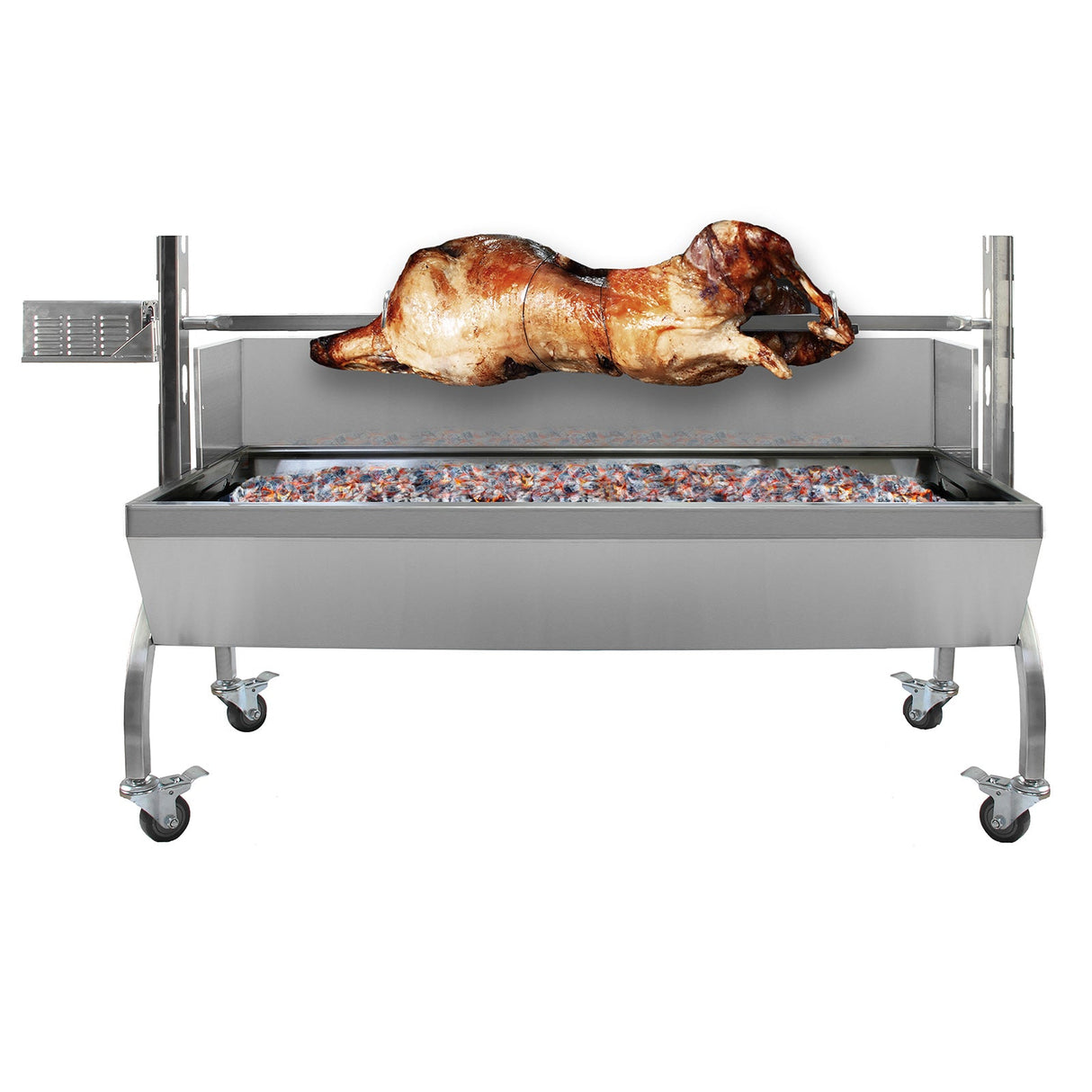 Stainless steel KuKoo 90kg hog roast machine with a whole roasted pig on a spit, featuring a charcoal tray and sturdy wheels