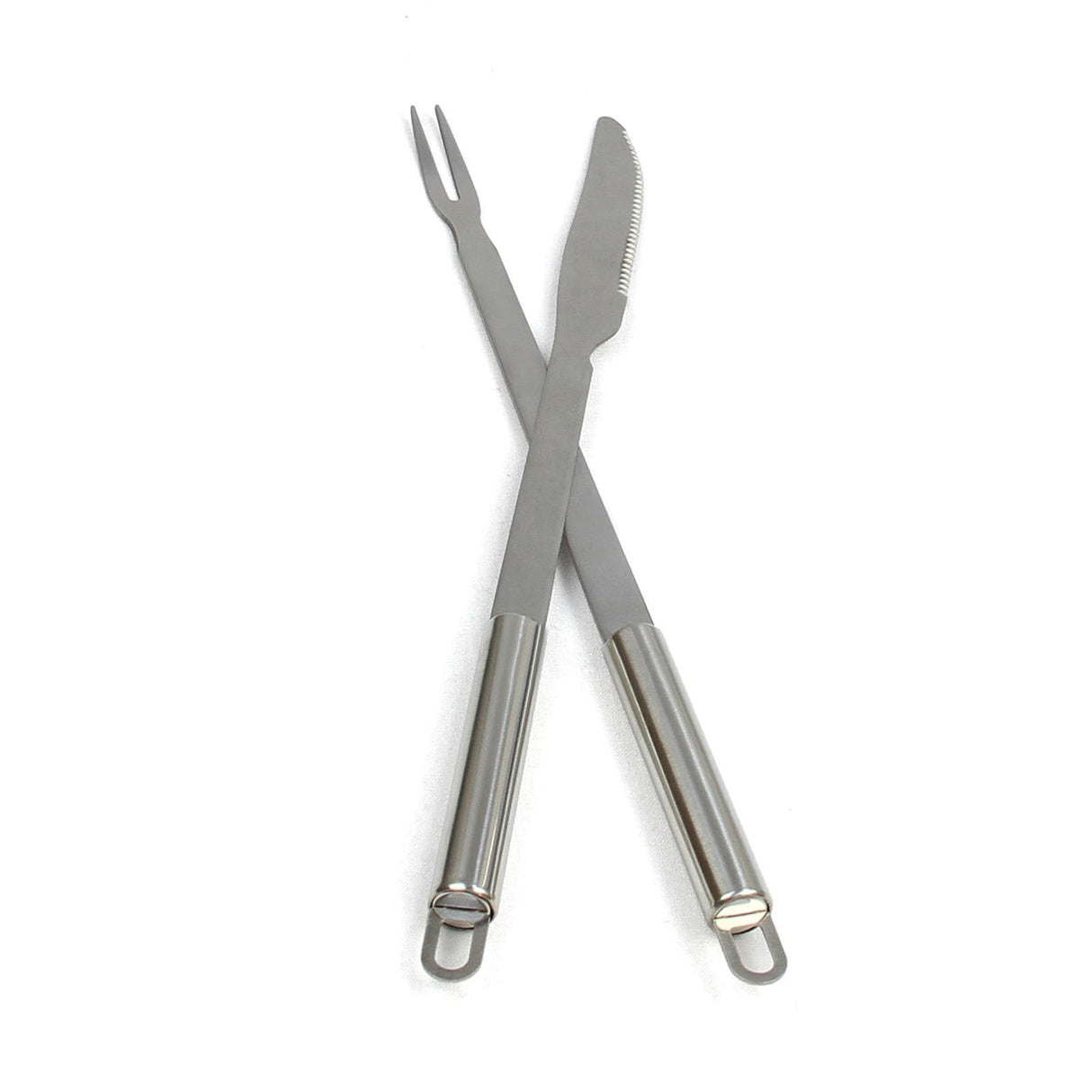 Stainless steel carving fork and knife set with ergonomic handles, perfect for serving and slicing hog roasts and meats