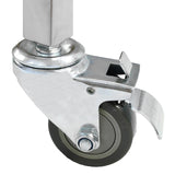 Close-up of a sturdy metal caster wheel with a gray rubber tire, featuring a locking mechanism for stability and mobility