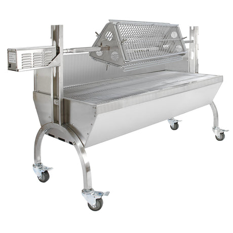 Stainless steel hog roast and flat rotisserie grill attachment with a spacious cooking area and sturdy wheels for mobility
