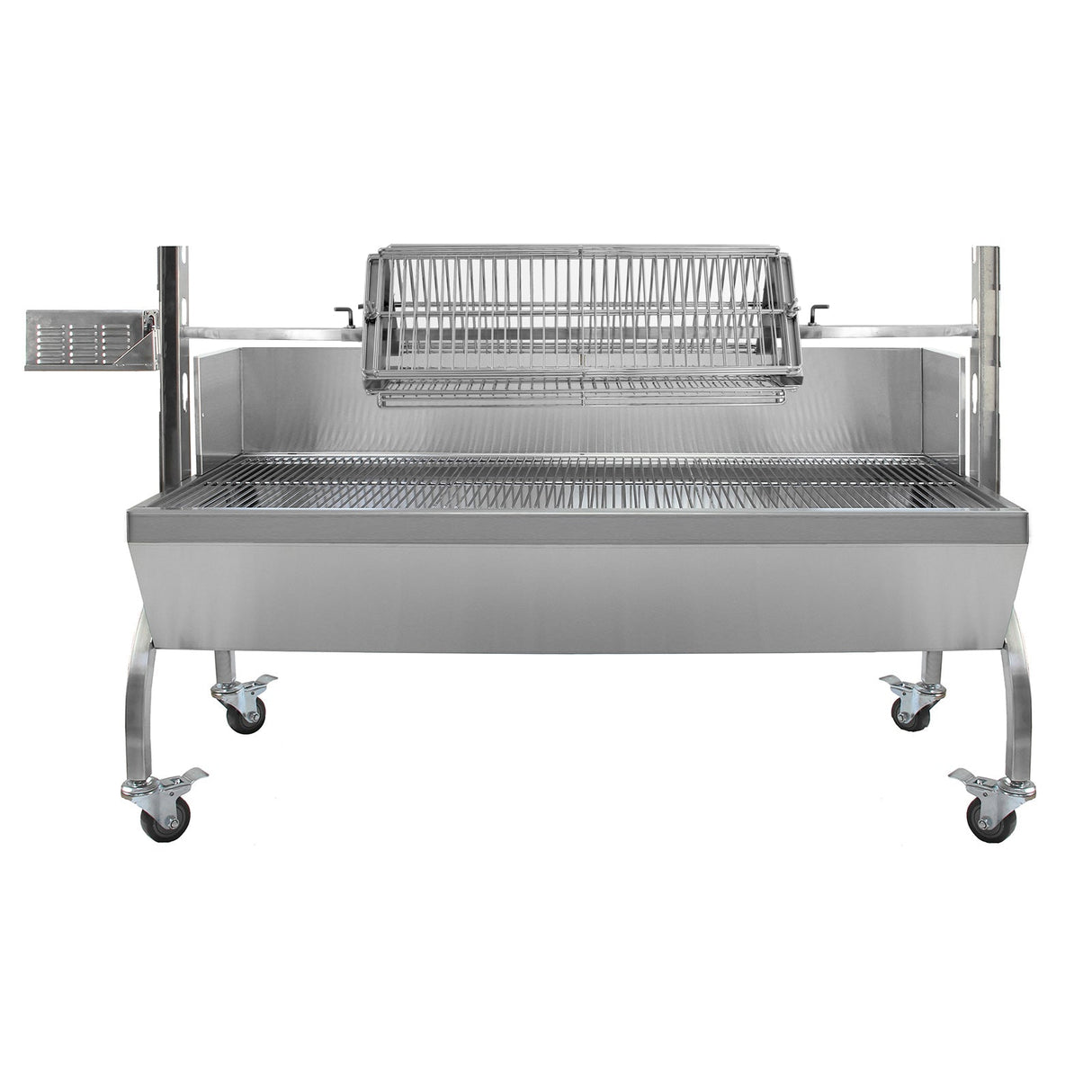 Stainless steel hog roast and flat rotisserie grill attachment with a spacious cooking area and sturdy wheels for mobility