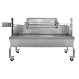 Stainless steel hog roast and flat rotisserie grill attachment with a spacious cooking area and sturdy wheels for mobility