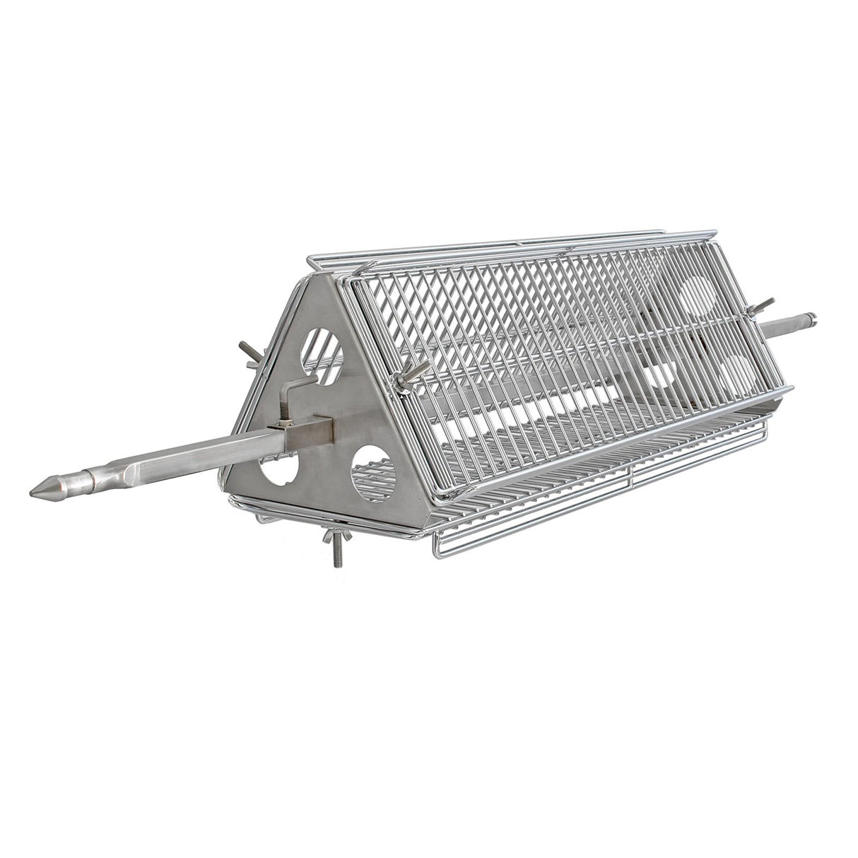 Stainless steel hog roast and flat rotisserie grill attachment with a mesh design, featuring a central spit for even cooking
