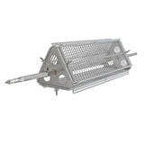 Stainless steel hog roast and flat rotisserie grill attachment with a mesh design, featuring a central spit for even cooking