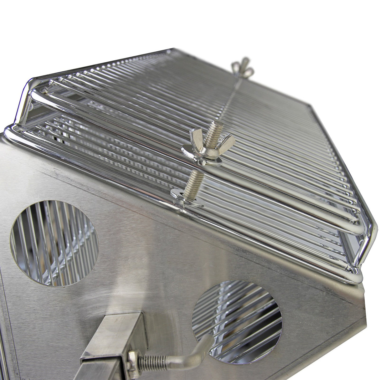 Shiny stainless steel hog roast and flat rotisserie grill attachment with adjustable vents and sturdy wire racks for even cooking