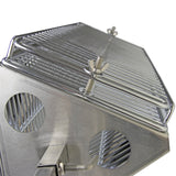 Shiny stainless steel hog roast and flat rotisserie grill attachment with adjustable vents and sturdy wire racks for even cooking