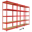 Three red metal racking units with multiple shelves, featuring a sturdy design and a free mallet for easy assembly