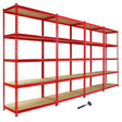 Four red metal racking units with multiple shelves, featuring a sturdy design and a free mallet for easy assembly