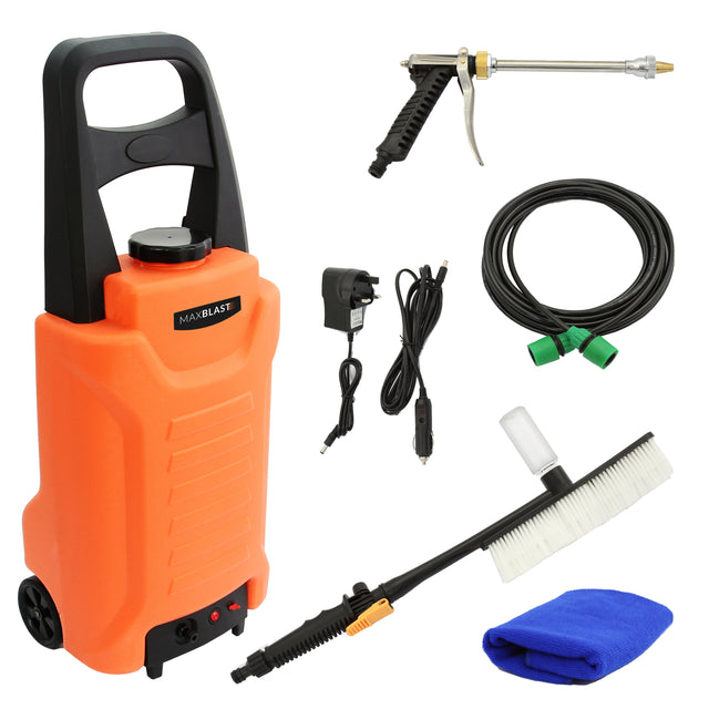 Bright orange MAXBLAST 30L cleaning water trolley with wheels, spray gun, hose, brush, and accessories for efficient cleaning tasks