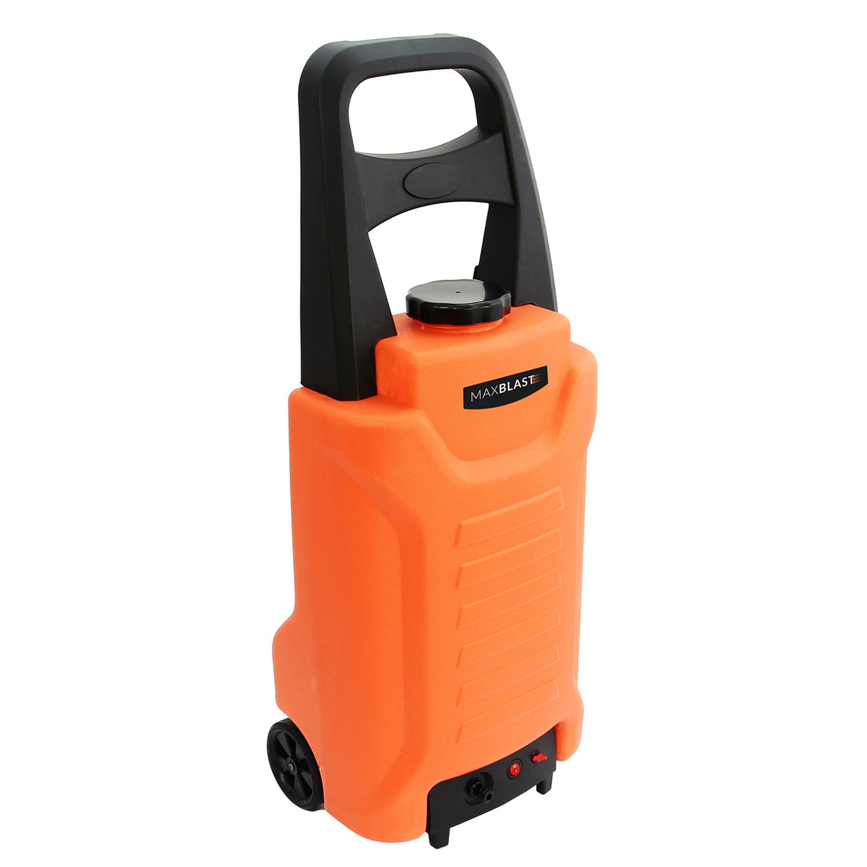 Bright orange MAXBLAST 30L cleaning water trolley with a sturdy black handle, smooth surface, and durable wheels for easy transport