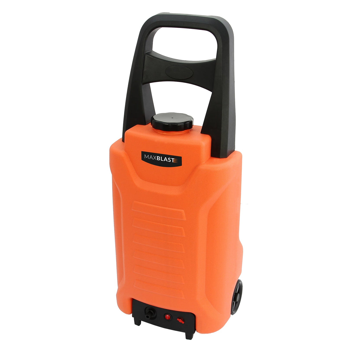 MAXBLAST 30L Cleaning Water Trolley in bright orange, featuring a sturdy handle, wheels for mobility, and a secure cap for easy transport