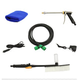 MAXBLAST 30L Cleaning Water Trolley components including a blue cloth, pressure gun, hose, and brush, showcasing durable materials and practical design