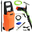 24ft water fed cleaning pole with colorful brush, orange 30L water trolley, hoses, and cleaning accessories for efficient outdoor cleaning