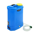 Bright blue MAXBLAST 16L water fed cleaning backpack with yellow cap, hose attachment, and sturdy handle for easy transport