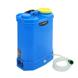 Bright blue MAXBLAST 16L water fed cleaning backpack with yellow cap, hose attachment, and sturdy handle for easy transport