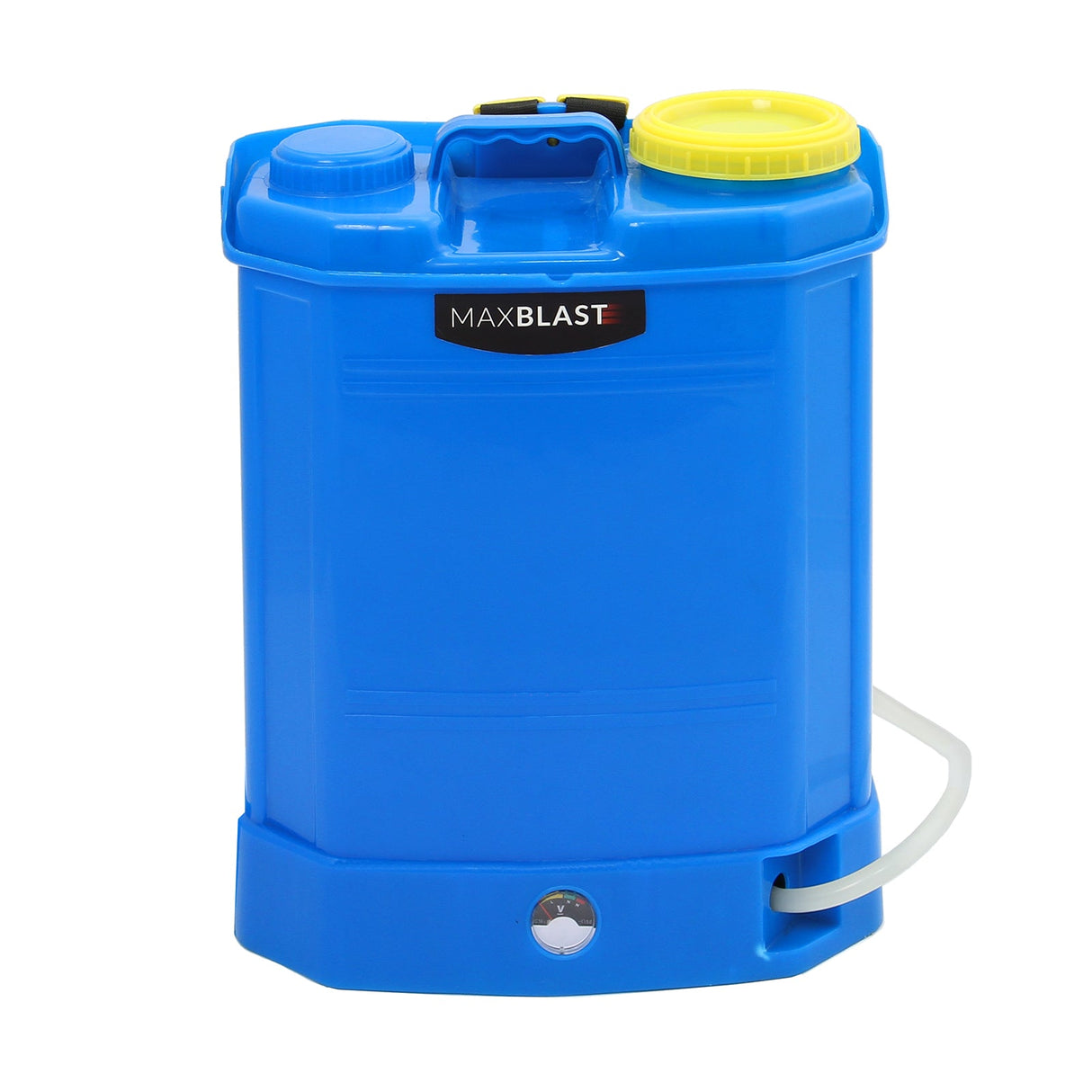 Bright blue 16L MAXBLAST water fed cleaning backpack with yellow cap, sturdy handle, and hose attachment for easy cleaning tasks