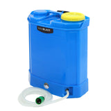 Bright blue MAXBLAST 16L water fed cleaning backpack with yellow cap, hose attachment, and sturdy design for efficient cleaning