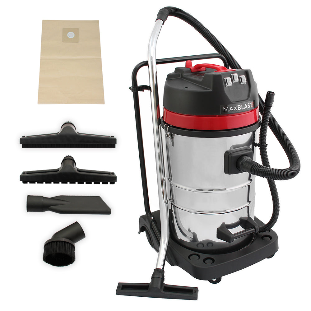 MAXBLAST 80L industrial vacuum cleaner with shiny stainless steel body, red accents, and multiple attachments for versatile cleaning