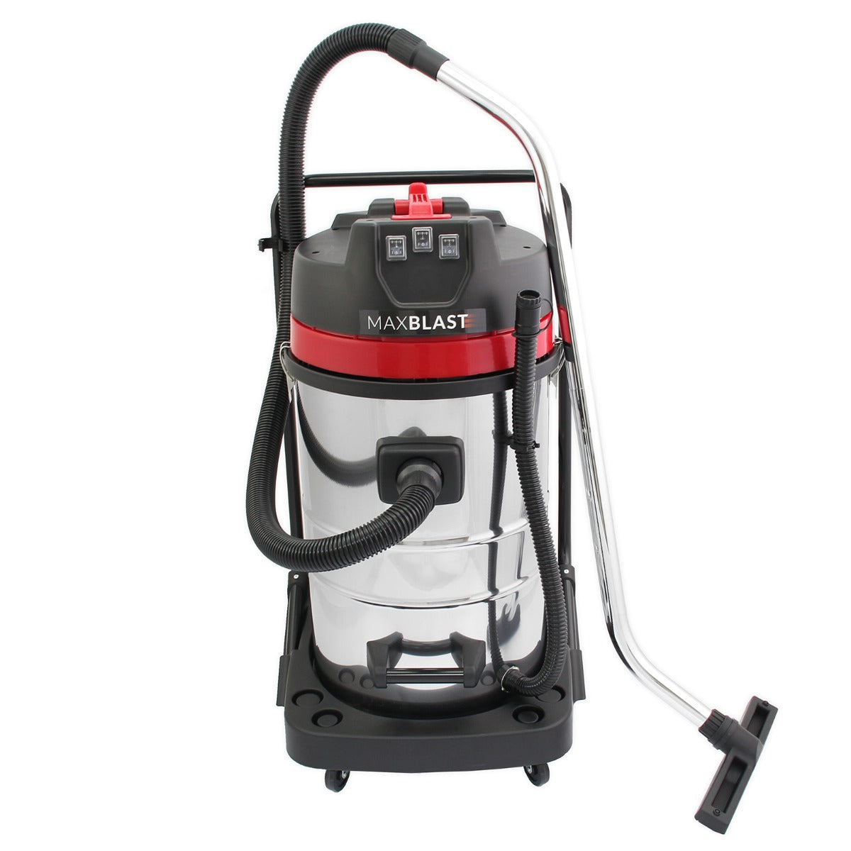 MAXBLAST 80L industrial vacuum cleaner with a shiny silver metal body, red accents, flexible hose, and sturdy wheels for mobility