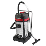 MAXBLAST 80L industrial vacuum cleaner with a shiny stainless steel body, red accents, flexible hose, and sturdy wheels for easy mobility