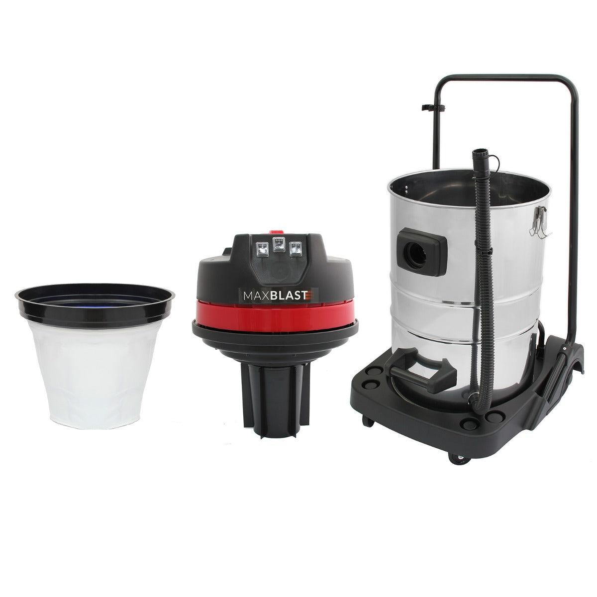 MAXBLAST 80L industrial vacuum cleaner with a sleek black and red design, featuring a stainless steel tank and detachable collection bucket