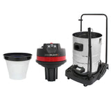MAXBLAST 80L industrial vacuum cleaner with a sleek black and red design, featuring a stainless steel tank and detachable collection bucket