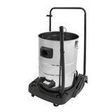 MAXBLAST 80L industrial vacuum cleaner with a shiny silver metal tank, black base, and flexible hose for efficient cleaning