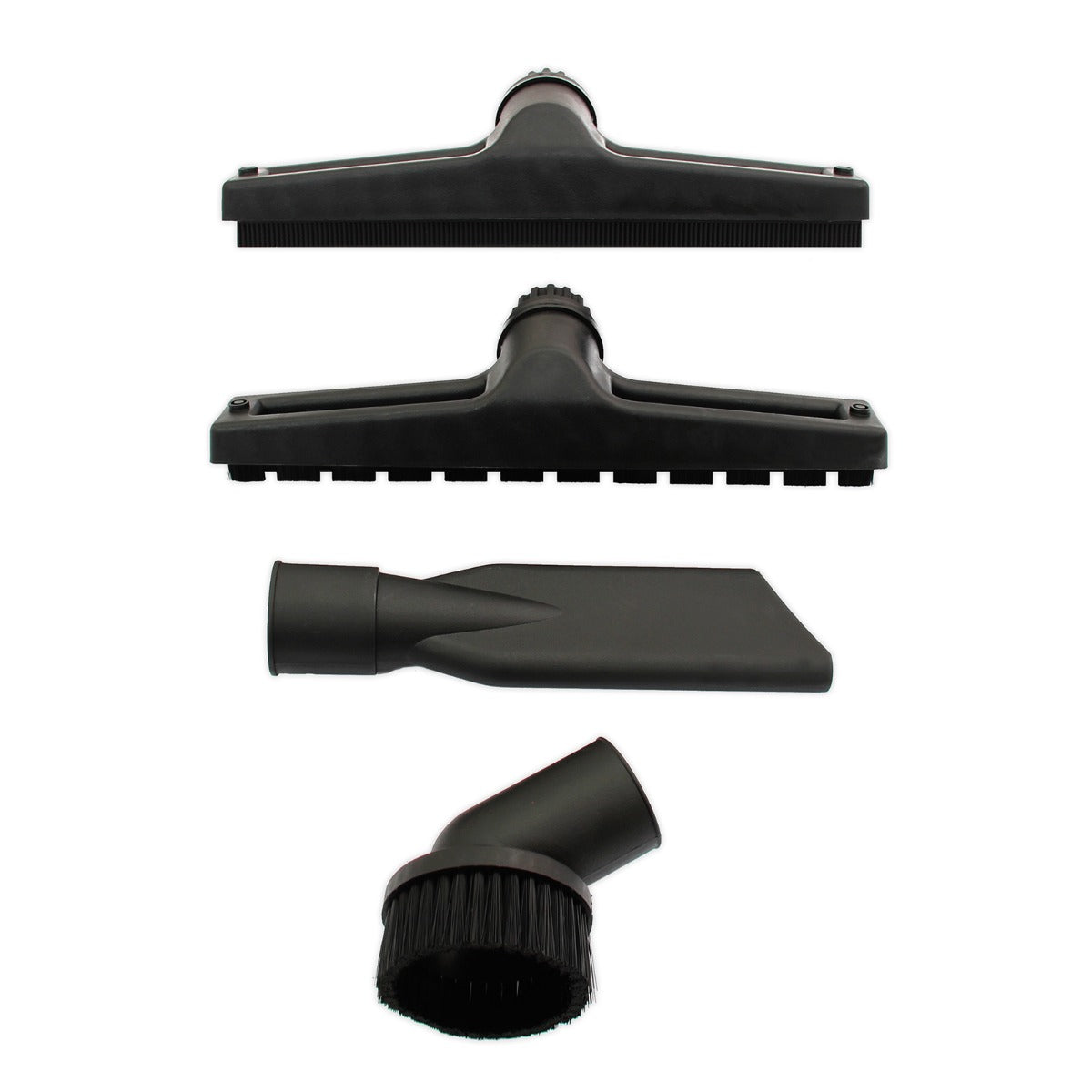 Four black vacuum cleaner attachments, including a wide floor nozzle, narrow crevice tool, and brush, showcasing durable plastic materials and various shapes