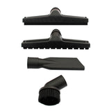 Four black vacuum cleaner attachments, including a wide floor nozzle, narrow crevice tool, and brush, showcasing durable plastic materials and various shapes