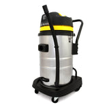 MAXBLAST 60L industrial vacuum cleaner with a shiny silver metal body, yellow accents, flexible hose, and sturdy black wheels