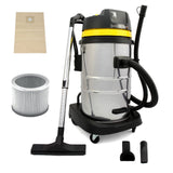 Stainless steel MAXBLAST 50L industrial vacuum cleaner with yellow accents, flexible hose, and various attachments for versatile cleaning