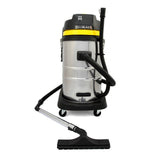 Stainless steel MAXBLAST 50L industrial vacuum cleaner with yellow accents, flexible hose, and sturdy wheels for easy mobility