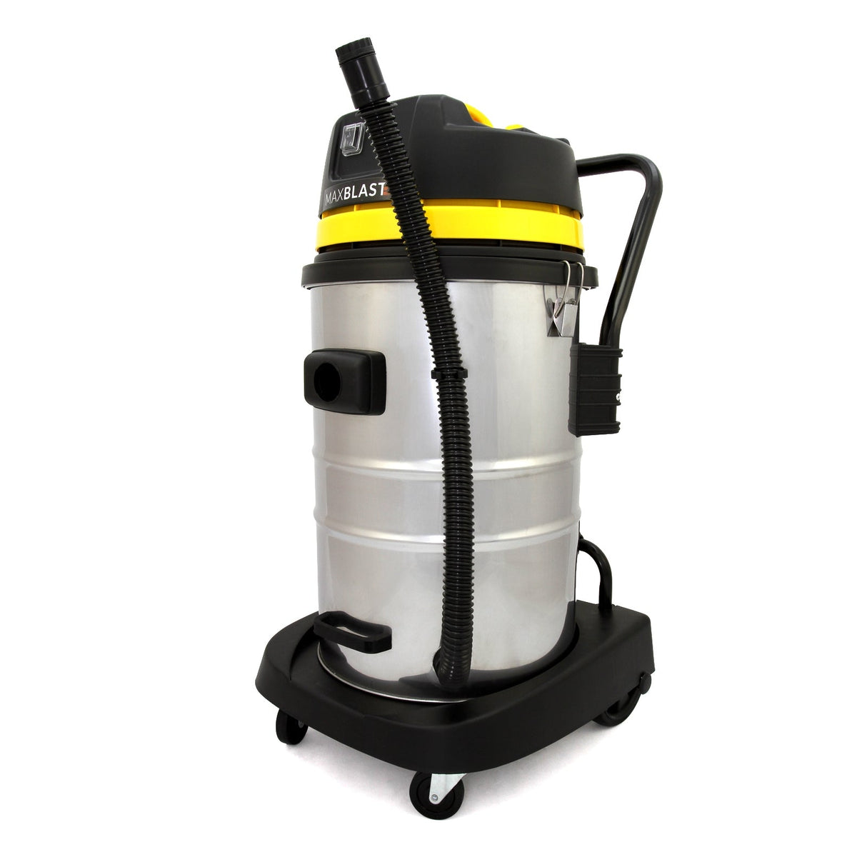 MAXBLAST 50L industrial vacuum cleaner with a stainless steel body, yellow accents, flexible hose, and sturdy wheels for mobility