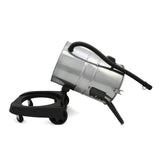 Stainless steel MAXBLAST 50L industrial vacuum cleaner with a black wheeled base and flexible hose, angled for easy access