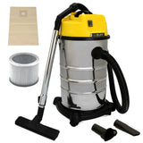 MAXBLAST 30L industrial vacuum cleaner with a shiny silver metal body, yellow top, flexible black hose, and various attachments displayed nearby