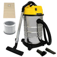 MAXBLAST 30L industrial vacuum cleaner with a shiny silver metal body, yellow top, flexible hose, and various attachments for versatile cleaning