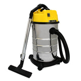 MAXBLAST 30L industrial vacuum cleaner with a shiny stainless steel body, yellow top, flexible hose, and sturdy black base for heavy-duty cleaning