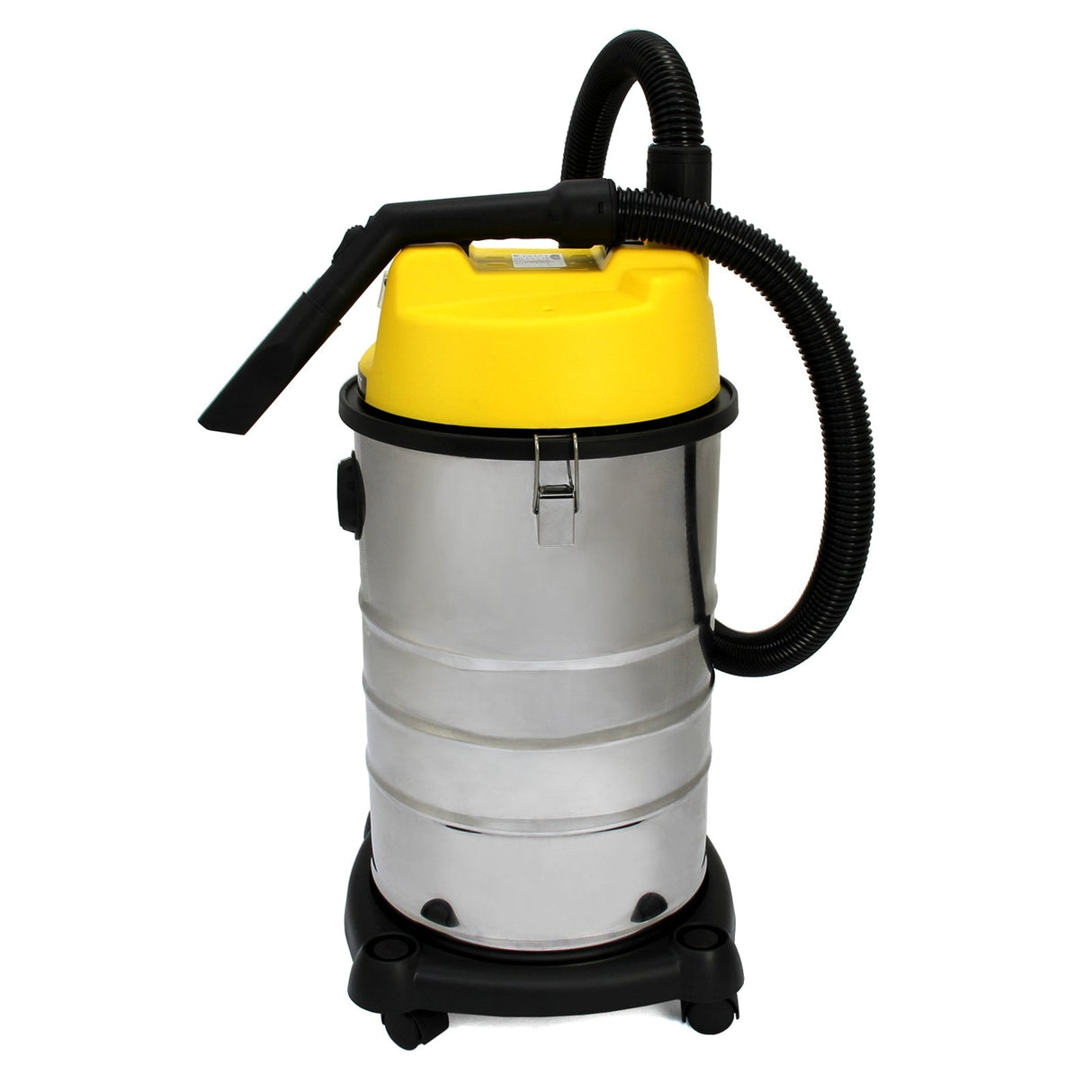 MAXBLAST 30L industrial vacuum cleaner with a shiny silver metal body, bright yellow top, flexible black hose, and sturdy black wheels