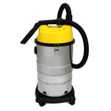 MAXBLAST 30L industrial vacuum cleaner with a shiny silver metal body, bright yellow top, flexible black hose, and sturdy black wheels