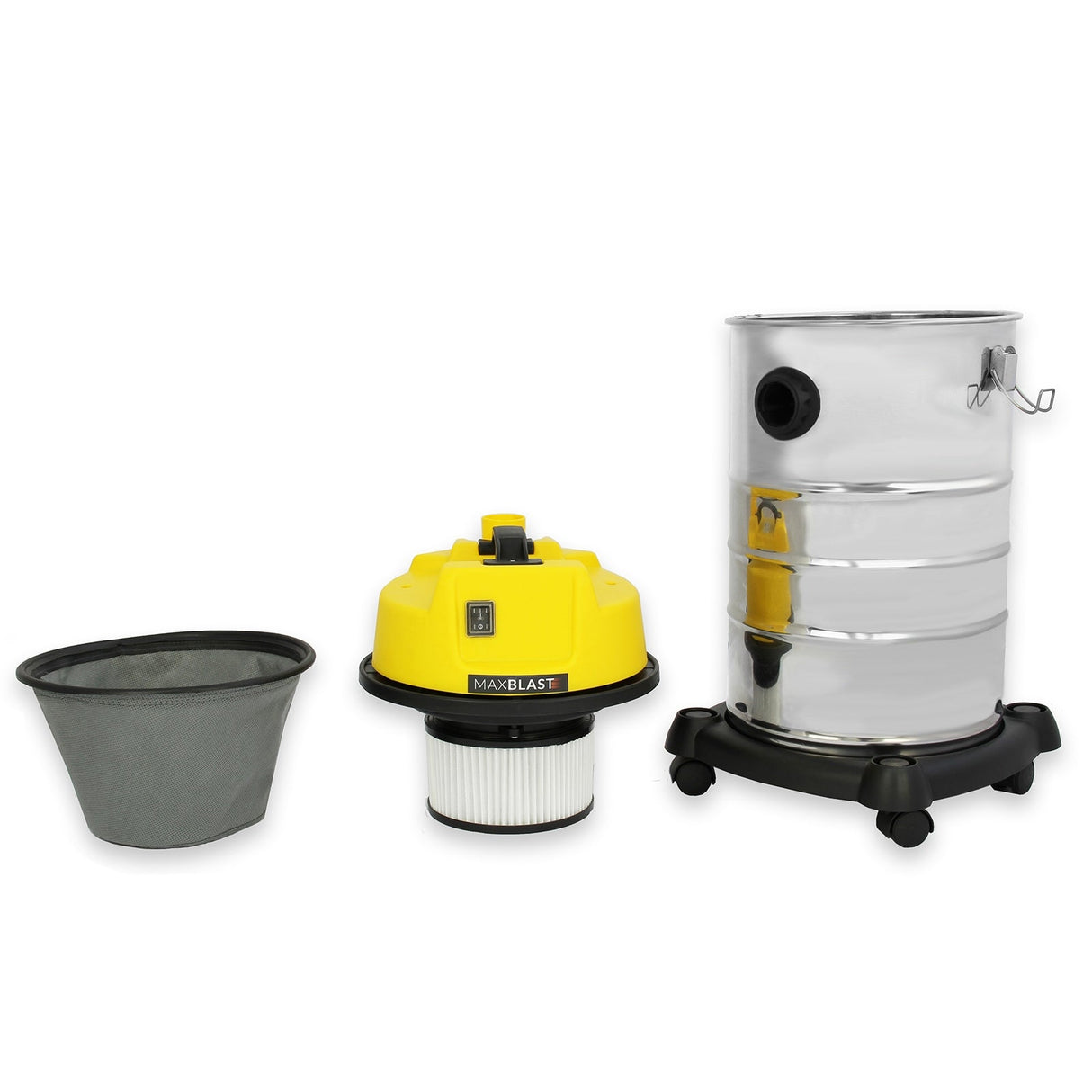 MAXBLAST 30L Industrial Vacuum Cleaner featuring a bright yellow motor unit, a silver metal canister, and a gray filter bag for efficient cleaning