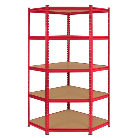 Red Monster Racking Z-Rax corner storage shelf unit with six spacious, sturdy shelves and a sleek, industrial design, 90cm wide