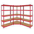 Red metal corner shelving unit with two garage racking bays, featuring eight sturdy, textured wooden shelves for storage solutions
