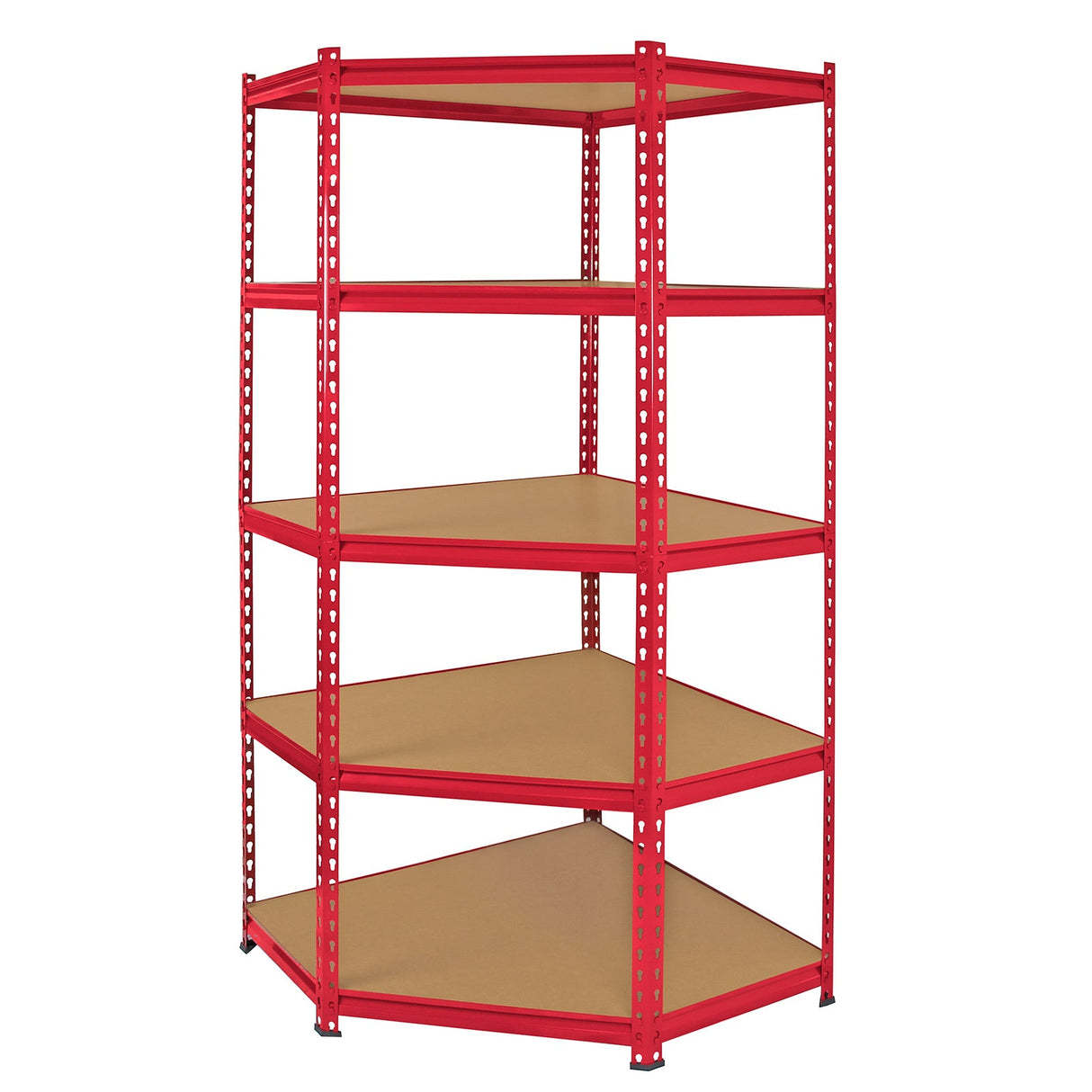 Red Monster Racking Z-Rax corner storage shelf unit with five sturdy, beige shelves, ideal for maximizing space and organization