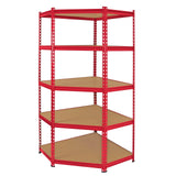 Red Monster Racking Z-Rax corner storage shelf unit with five sturdy, beige shelves, ideal for maximizing space and organization