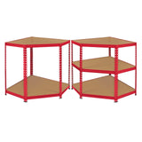 Red Monster Racking Z-Rax corner storage shelf unit with sturdy metal frame and three wooden shelves, ideal for maximizing space
