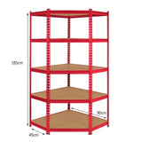Red Monster Racking Z-Rax corner storage shelf unit with five sturdy shelves, measuring 90cm wide, 185cm tall, and 45cm deep