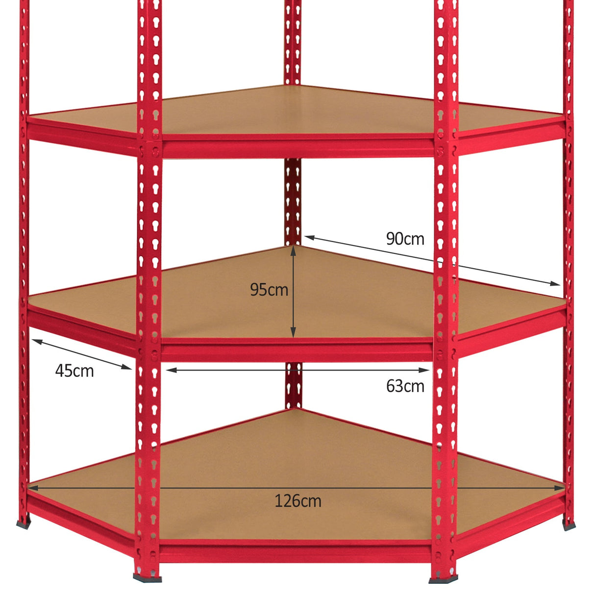 Red Monster Racking Z-Rax corner storage shelf unit with three sturdy, textured shelves, measuring 90cm wide and 126cm deep