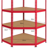 Red Monster Racking Z-Rax corner storage shelf unit with three sturdy, textured shelves, measuring 90cm wide and 126cm deep